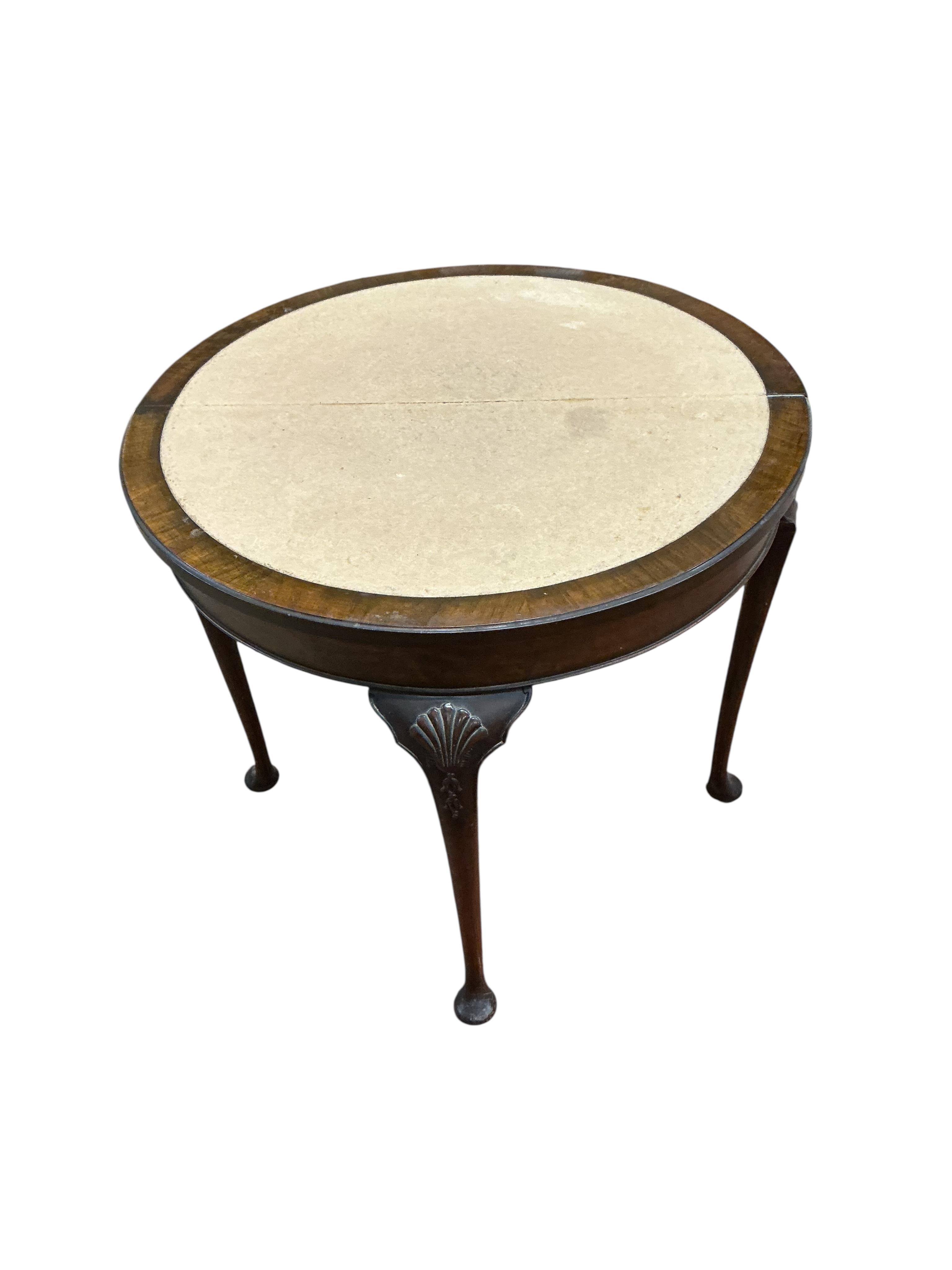 A Queen Anne Revival walnut demi lune folding card table, width 80cm, depth 42cm, height 74cm